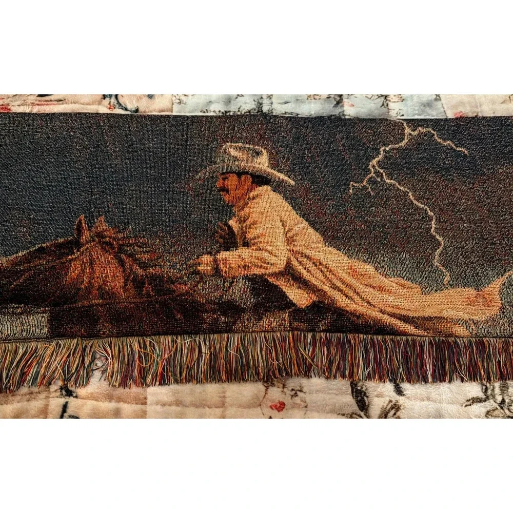 Vtg Mohawk Home Jack Terry Western Cowboy Woven Tapestry Throw Blanket 54x46 USA